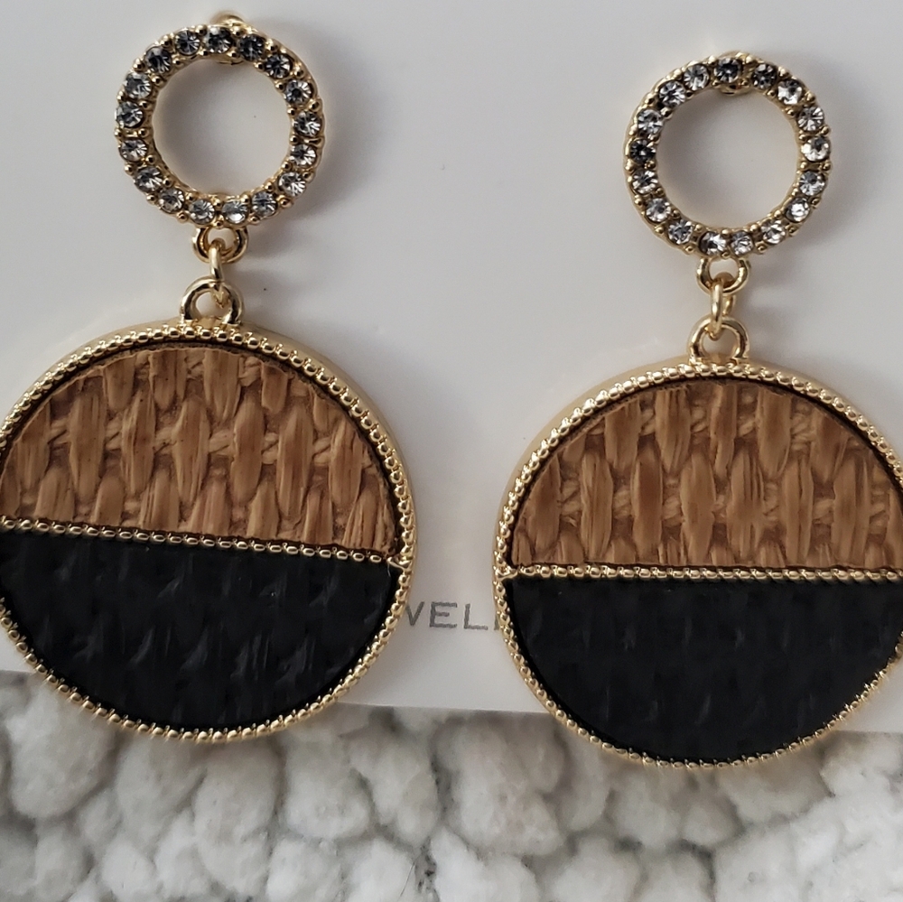 Fashion Earrings Duality Geometric Round Disc Golden Weave & Coffee Brown Weave